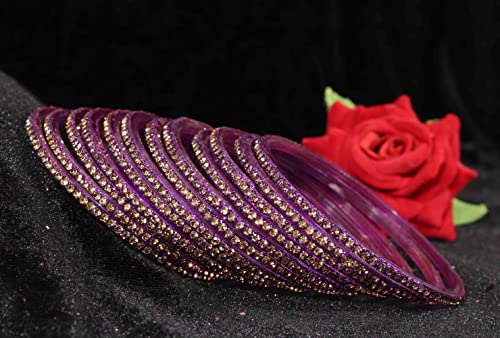 Image of NMII Glass with Zircon Gemstone and Beads Studdded Glossy Finished Traditional Bangle Set For Women and Girls