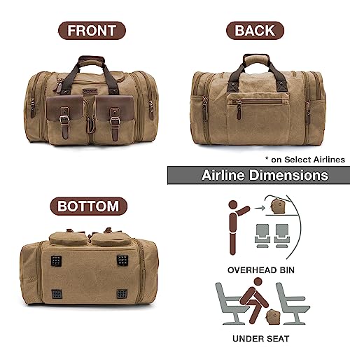 Image of Wildroad 60L Travel Duffel Bag, Expandable Canvas Genuine Leather Duffle Bag Upgraded Overnight Weekender Bag Carry on Bag (Coffee, X Large-60L)