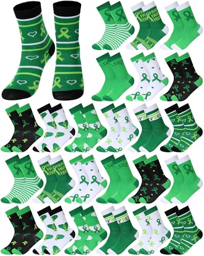 Shinymoon 24 Pairs Mental Health Awareness Socks Bulk Green Ribbon Novelty Crew Sock Gifts for Women Men(Green)