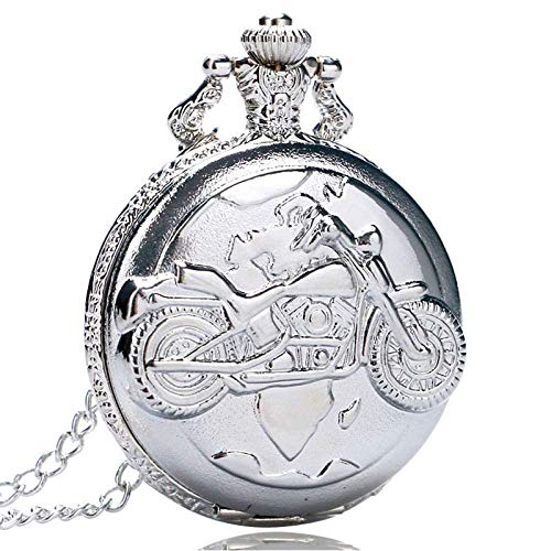 WYBD.Y Reloj de Bolsillo preciso Moda Vintage Cool Motocicleta Reloj de Bolsillo de Cuarzo Collar de Plata Colgante Cadena Mens Steampunk Regalo Cara Blanca Cover