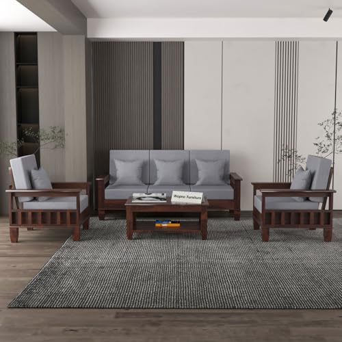 Image of Sheesham Wooden 5 Seater Sofa Set for Living Room | Rosewood Cushion Sofa with Side Newspaper Holder for Home & Office | Solid Wood Sofa Set for Lounge (Walnut, 3+1+1 Seater)