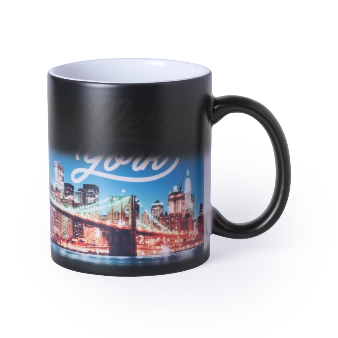 Lote 36 Tazas Mágicas Cerámicas Sublimación 350 ml, Negro Mate, Cajas Individuales, Tazas al mayor, Al verter líquido caliente, la superficie negra se transforma revelando la imagen o diseño impreso
