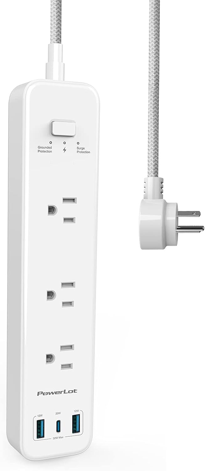 Power Strip, PowerLot USB Power Strip Surge Protector, 3 Outlets & 32W USB (1 USB C& 2 USB A) PD Power Strip with Extension Cord 5ft, ETL Flat Plug Power Strip with USB for Home, Office,and Dorm Room