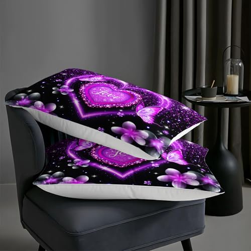 Image of AILONEN Cute Love Heart Comforter Set Full Size,Black and Purple Bedding Set for Girls Women,3-Piece Luxury Butterfly Floral Quilt with 2 Pillowcases
