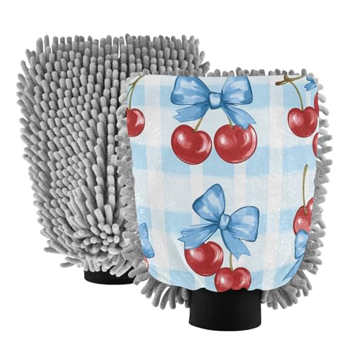 STAYTOP Cherry Tied with A Blue Bow Car Wash Mitt Microfiber, 2Pcs Scratch Free Lint-Free, Premium Chenille Microfiber Mitt Car Wash Brush-L
