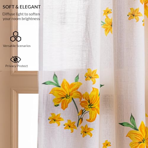 Image of HOMEMONDE Cotton Sheer Curtains for Window Sun Light Filtering Linen Textured Curtain Single Piece, Yellow Flower Printed, Hangs with Eyelets - (L 5FT x W 4.5FT)