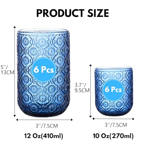KRYSTHIA 12-częściowy zielony zestaw szklanek w stylu vintage z kwiatowym tłoczeniem, szklanki do Highball i koktajlowe (350 ml i 295 g) | idealny do wody, soku, piwa, koktajli i whisky