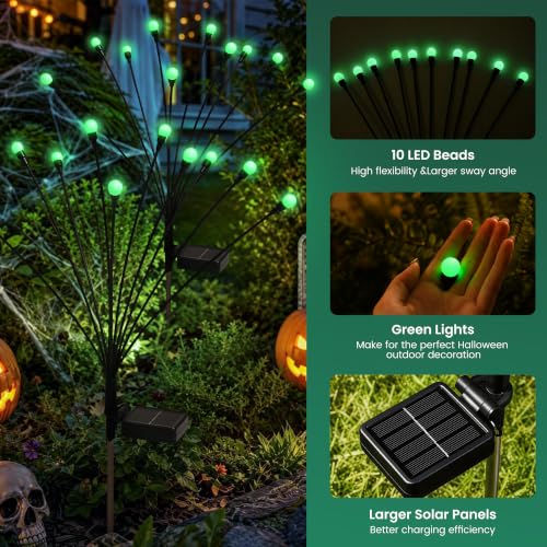 Image of Solar Halloween Lights(4Pack 40LED), Green Outdoor Halloween Decor | Scary Swaying Firefly Lights Waterproof for Garden Decor, 2 Lighting Mode, Auto On /Off, Yard Solar Lights Gardening Gifts