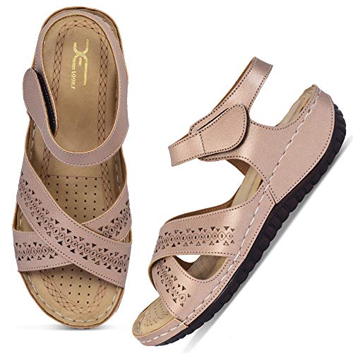 Image of XE Looks Women's Gold Casual Walking Sandals | Elegant Cross Strap with Perforated Detailing | Soft Cushioned Sole | Lightweight & Anti-Slip Design Walking Sandals For Girls & Women
