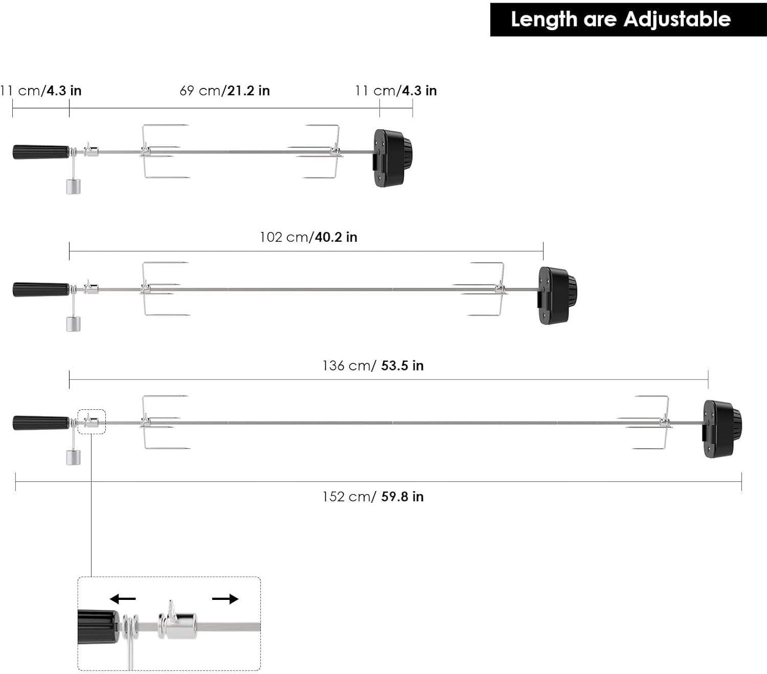 SHYOSUCCE Girarrosto Elettrico con 2 Aghi per Carne, Motore, Alimentato Tramite USB e Adattatore, Girarrosto Barbecue per Griglia a Carbone, Grill a Gas, Carrello Grill, Lunghezza Regolabile 69-137 cm SHYOSUCCE Girarrosto Elettrico con 2 Aghi per Carne, Motore, Alimentato Tramite USB e Adattatore, Girarrosto Barbecue per Griglia a Carbone, Grill a Gas, Carrello Grill, Lunghezza Regolabile 69-137 cm