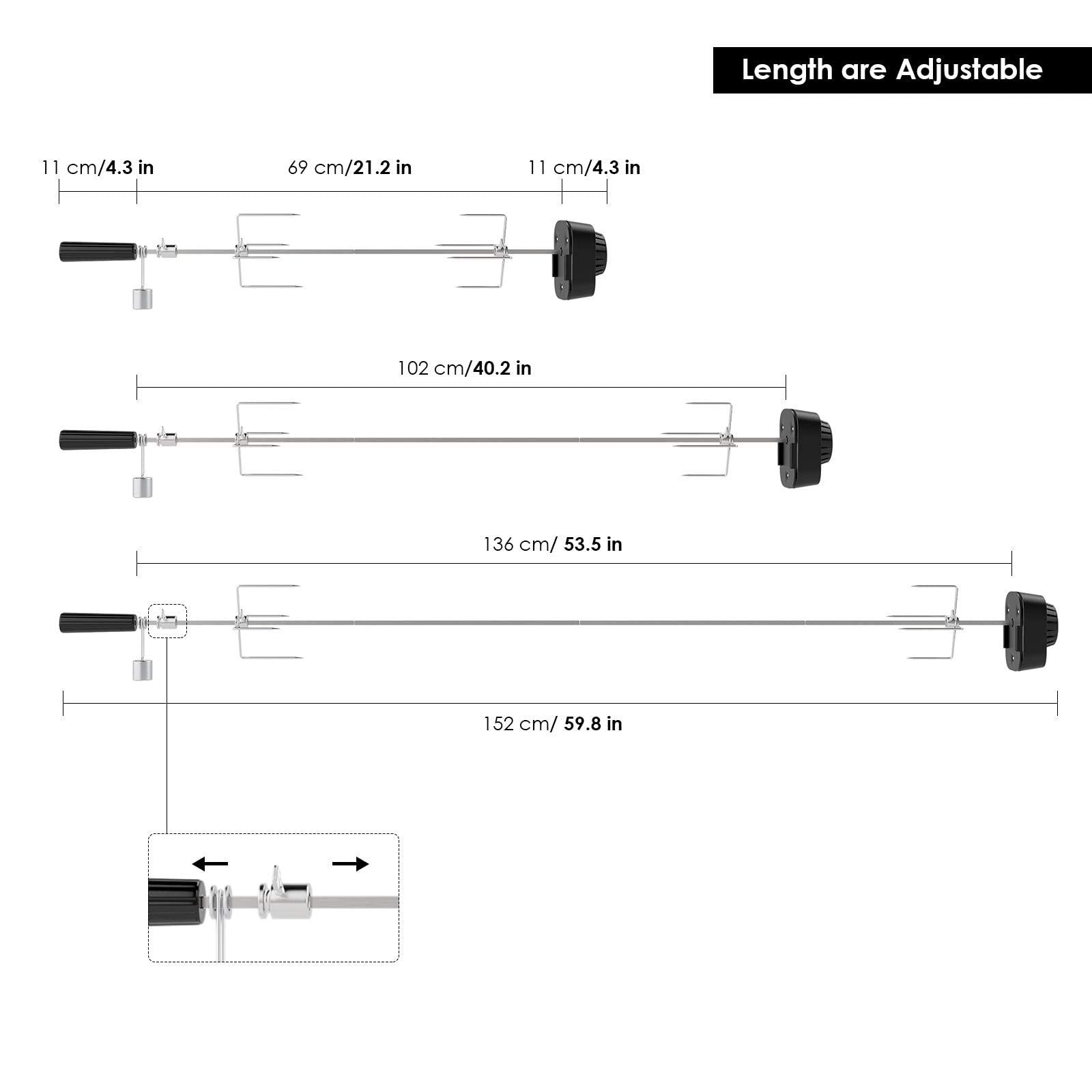 Girarrosto Elettrico con 2 Aghi per Carne, Motore, Alimentato Tramite USB e Adattatore, Girarrosto Barbecue per Griglia a Carbone, Grill a Gas, Carrello Grill, Lunghezza Regolabile 69-137 cm