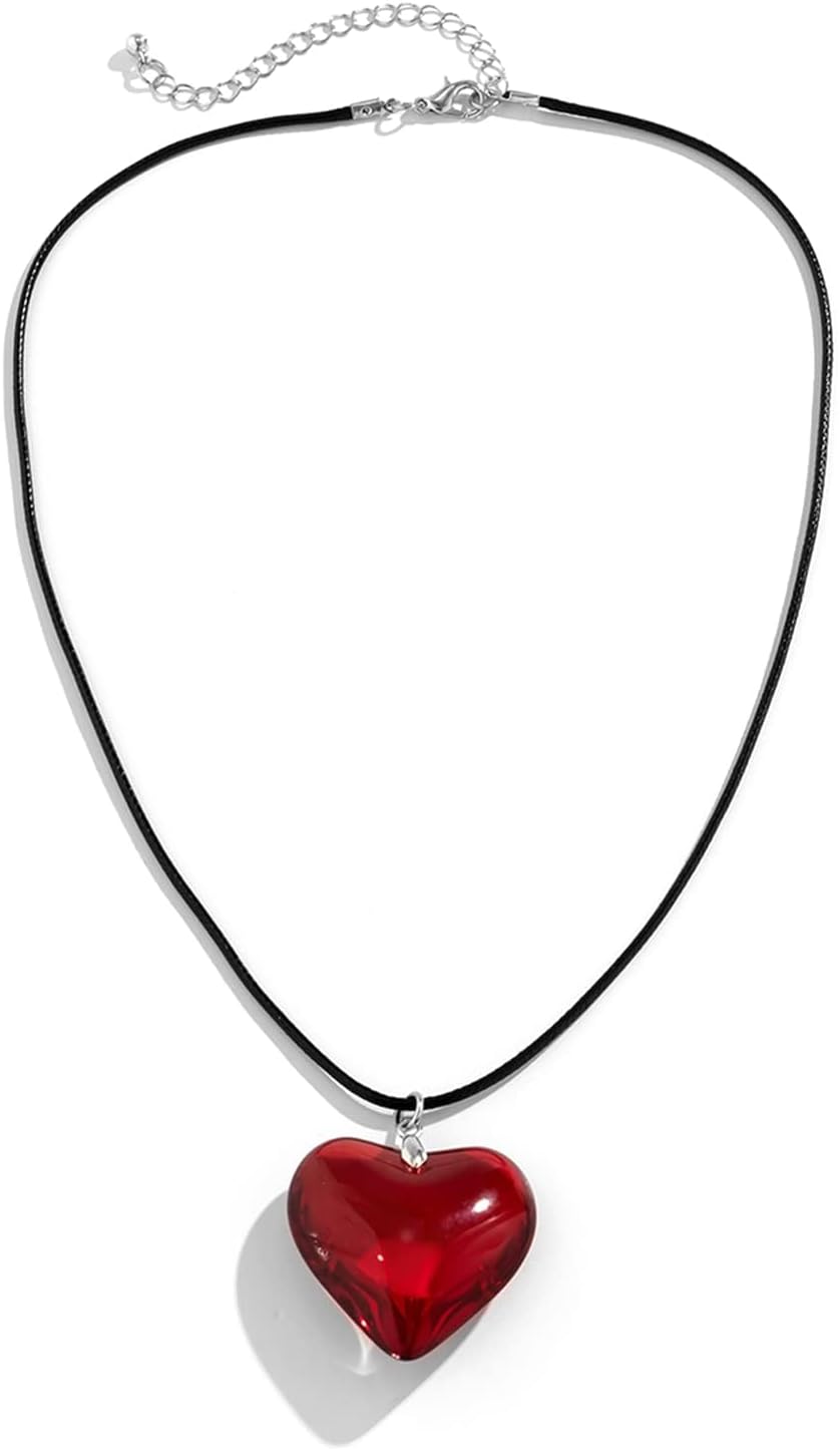 Etercycle Red Heart Choker Necklace - Chunky Puffy Glass Heart Pendant Y2K Trendy Jewelry for Women & Teens