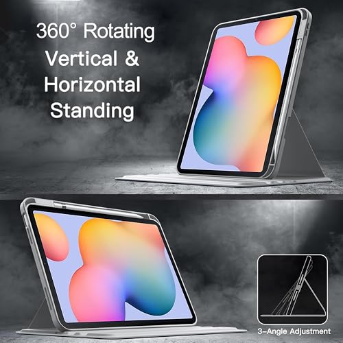 Image of TGK Rotating Case for Samsung Galaxy Tab S6 Lite 10.4 inch SM-P610 P615 P613 P619 with Pencil Holder Trifold Stand Cover Clear Back (Grey)