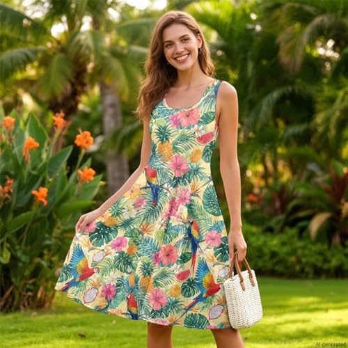 Image of TOADDITDO Women's Sleeveless O Neck Beach A-Line Party Coctail Tank Dresses Flared Sundress