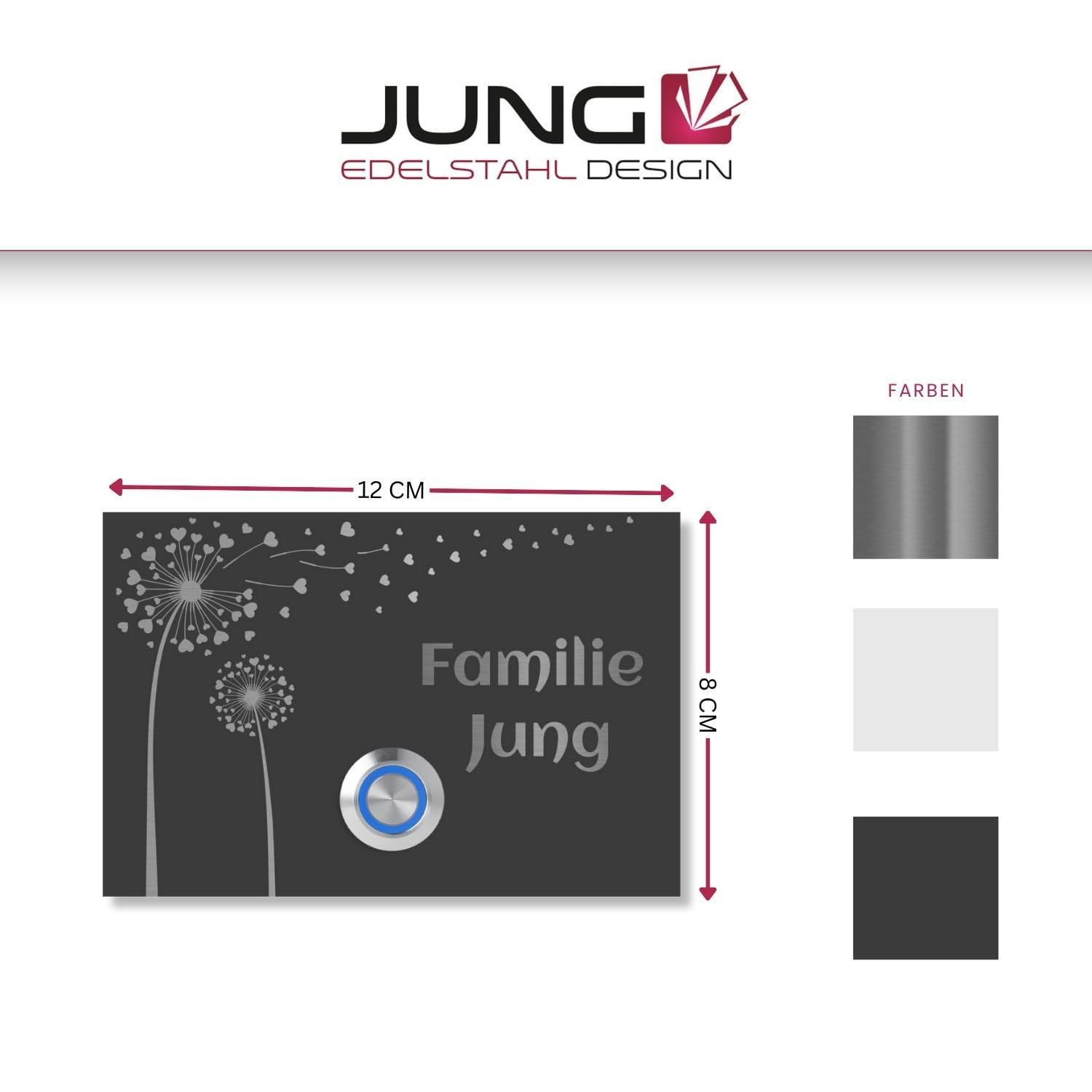 Jung Edelstahl Design Türklingel London 2 anthrazit RAL7016 pulverbeschichtet | Motiv Pusteblume Klingelschild 12 X 8 cm | Haustürklingel V2A Edelstahl LED Taster (weiß)