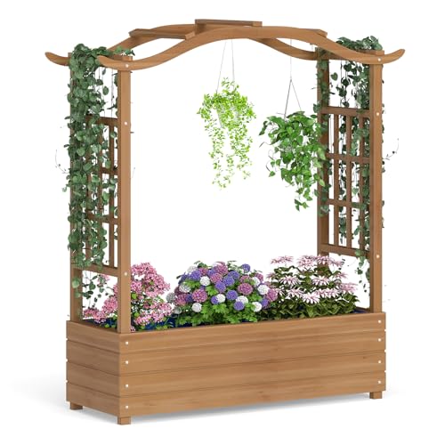 COSTWAY Hochbeet mit Rankgitter & hängendem Dach, Pflanzkasten mit Rankhilfe & Einsatz, Blumenkasten für Kletterpflanzen & hängende Körbe, für Hof Garten Terrasse, Holz, Braun, 110 x 40 x 124 cm