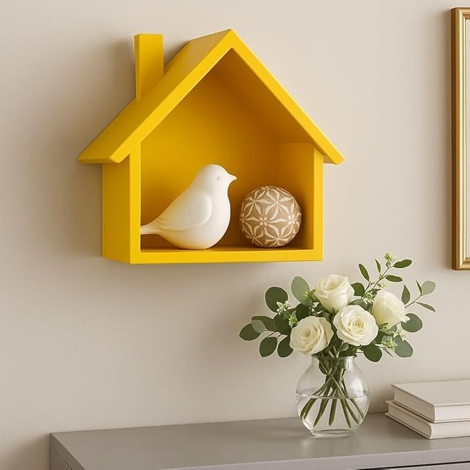 CLASSIC EXPORT House Shaped Wooden Wall Shelf, Decorative Storage Organizer Rack for Home, Living Room, Bedroom, Kids Room, Yellow, 10x8x8 Inch-picture-41