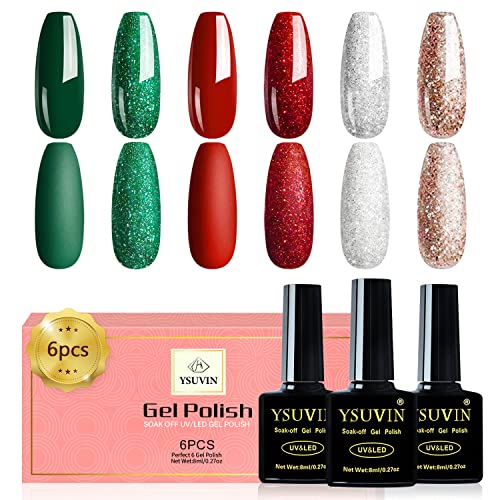 Yueshop Christmas Collection Gel Nail Polishes Red Green Silver Gold Glitter 6 Colours Soak off LED UV Lamp Nail Varnish Sets for Nail Art Salon Design Starter Set