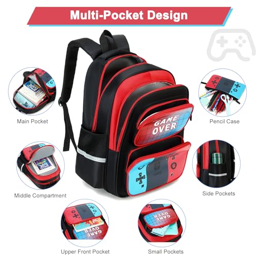 School Backpack for Boys Ages 5-13, 3PCS Gamer Boy Backpack Set with Lunch Box Pencil Case for boys Kids Teens, Video Game Bookbag or Boys Kids Teens, Elementary Middle School4