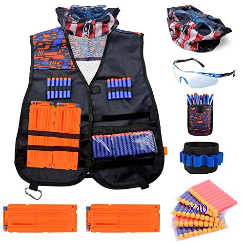 Dolibi Kids Tactical Vest Kit for Nerf Guns N-Strike Elite Series with Refill Darts,Dart Pouch,Reload Clips Tactical Mask, Wrist Band and Protective Glasses for Nerf Gun Party 7,8,9,10 Year Old Kid