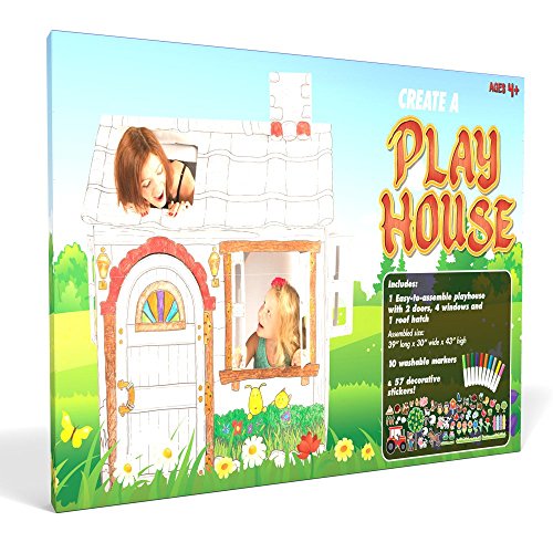 Cardboard Playhouse for Kids to Color - Create an Easy Play House with Included Markers and Over 50 Sticker Decorations!