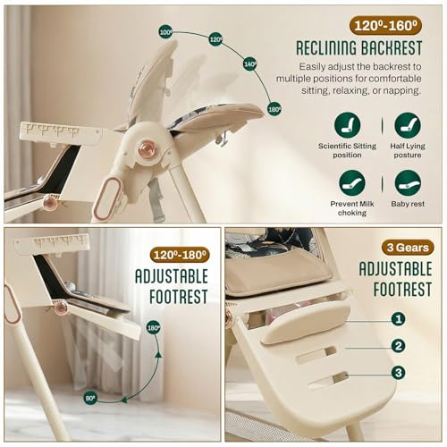 Image of Baybee 3-in-1 Baby High Chair with 4-Level Height Adjustment, Dining, Lounge & Recline Modes, 120-160 Backrest, Adjustable Footrest, One-Click Folding, Detachable Food & Toy Tray, 5-Point Harness & 360 Castor Wheels | Feeding Chair for 6 Months to 5 Years (Beige)