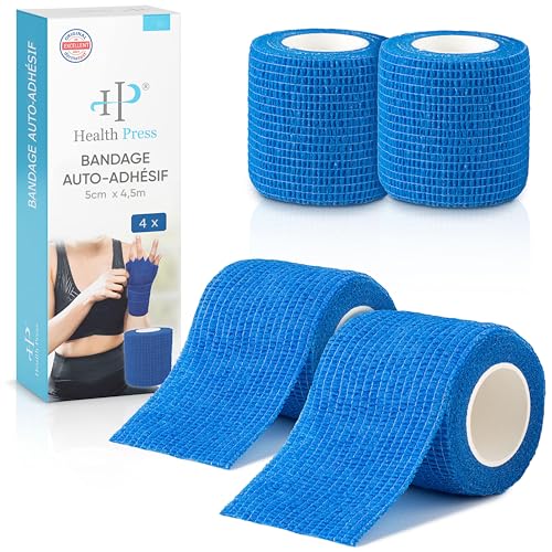 Health Press® Bandage Auto-adhésif – 4x Rouleaux de Pansement Élastique Bleu (5,0cm x 4,5m) | Bandage Cohésif Imperméable pour Humains & Animaux | Bande de Fixation pour Articulations, Doigts & Pattes