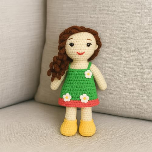 Image of Sutra Handmade Crochet Doll with Green Dress & Flowers | Amigurumi Wool Plush Toy | Soft Gift for Kids, Nursery & Home Decor