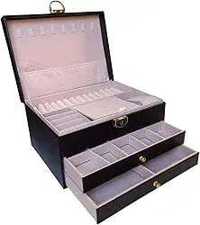 Porta-Joias Premium com 2 Camadas, 88 Espaços para Brincos, 15 Ganchos para Colares, 36 Anéis, Caixa Com Gavetas e Chave de Trava, (Preto)