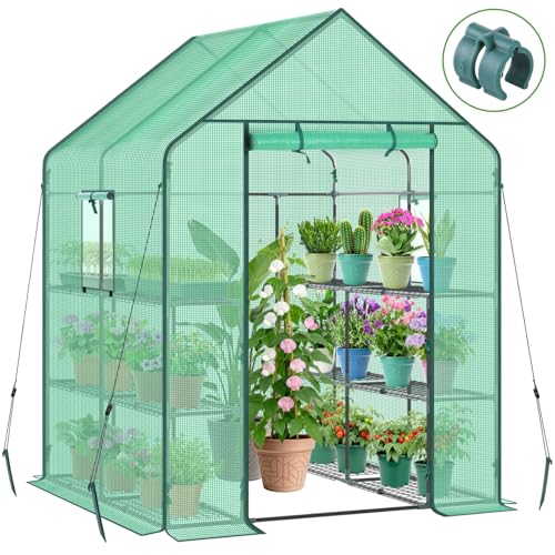 Ohuhu Greenhouse for Outdoors with Screen Windows, 57 x 57 x 76'' Walk in Plant Greenhouses Heavy Duty with Durable PE Cover, 3 Tiers 12 Shelves Stands Plastic Portable Green House with Shelf Clips