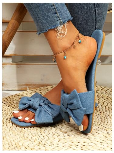 GORGLITTER Women's Bow Denim Flat Sandals 2025 Jean Square Open Toe Slide Shoes3