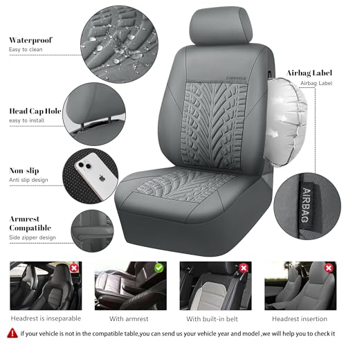 Image of CAR PASS Neoprene Waterproof Seat Covers Full Sets, Wetsuit Car Seat Covers 5 Seats Universal Fit for Vans, Truck, SUV, 3D Tyre Embossed Seat Covers Anti Slip with Armrests, Aibag Compatible(All Gray)