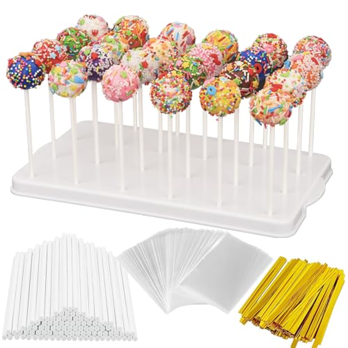 UCBAT Cake Pop Stand Kit 24 Holes Lollipop Display Holder with 100 Pcs Cake Pop Sticks 100 Pcs Wrappers Bags 100 Pcs Gold Twist Ties (White)