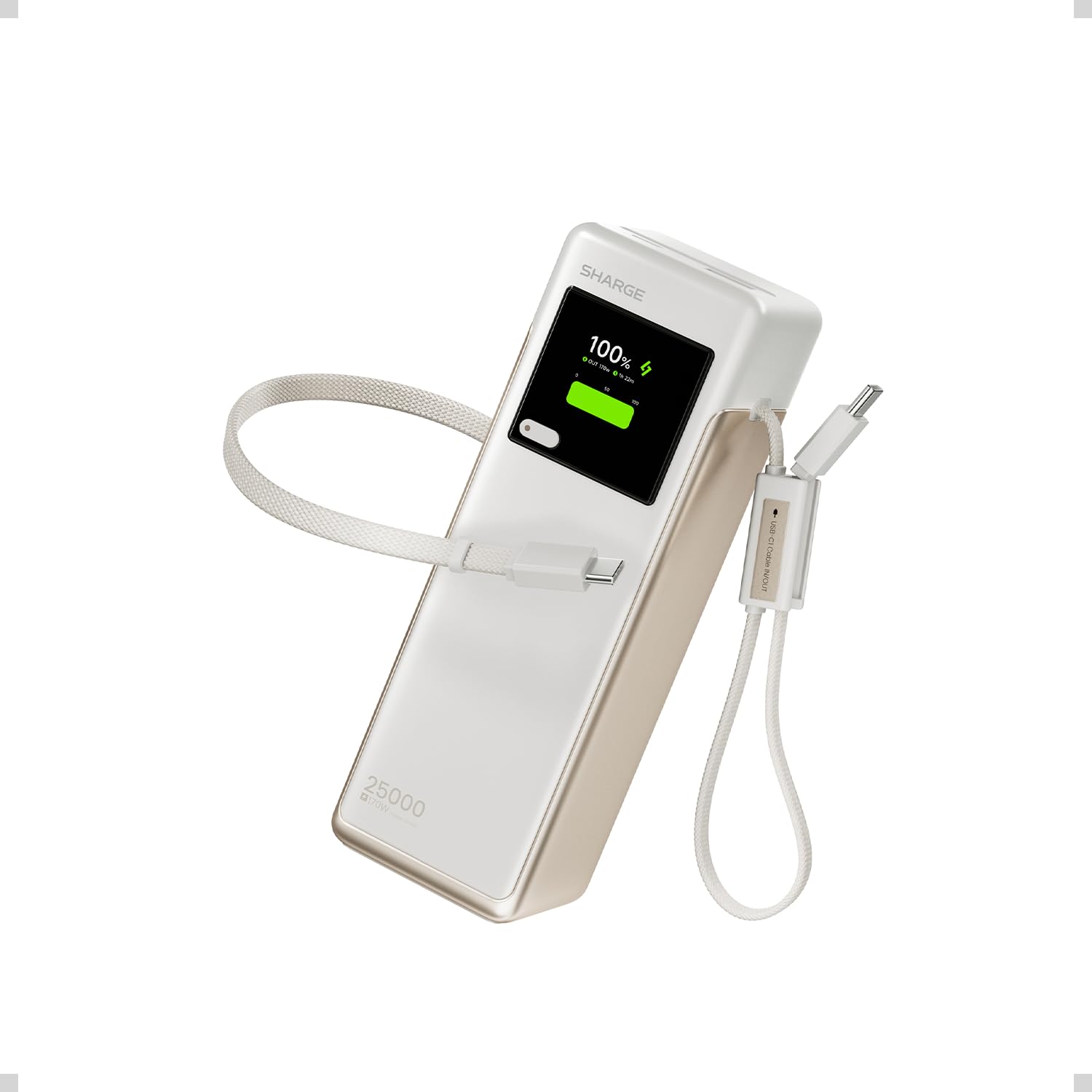 sharge Laptop Power Bank 170W, HyperTower 170 Cargador Rápido 25000mAh con Cables Integrados Retráctiles Portátil, Pantalla TFT Smart, 4 Puertos USB (WH-EU)