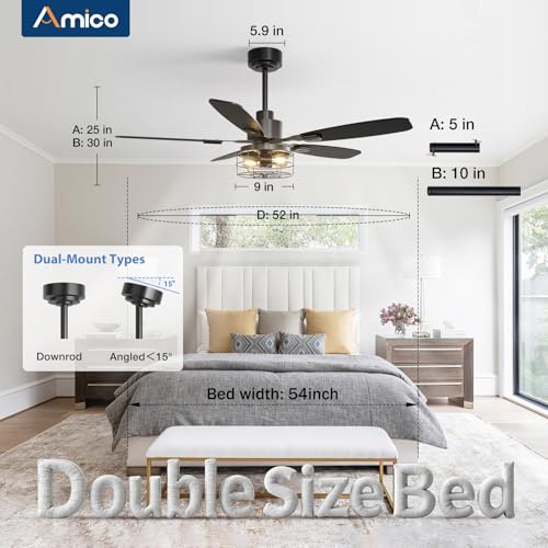 Image of Amico 52 inch Ceiling Fans with Lights, Caged Ceiling Fan with Light and Remote Control, Dimmable, 3CCT, Quiet, Black Farmhouse Ceiling fan For Living Room, Bedroom, Kitchen, Patio Indoor /Outdoor Use