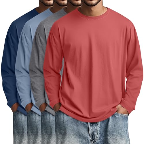 Image of August Alley 4 Pack Men's Big and Tall Cotton Shirts L-7xl, Long Sleeve Oversized Tops Loose Casual Large T-Shirts Basic Tee
