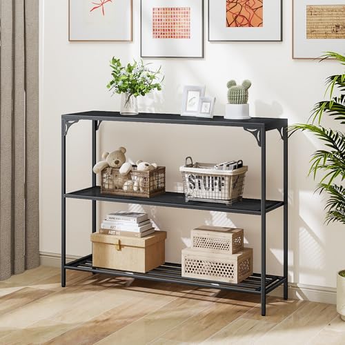 HDANI Schmaler Konsolentisch mit 2 Regale aus Netz,Metall-Beistelltisch,Kleiner Ausstellungstisch, Sofatisch,Sideboard,Sofatisch für Wohnzimmer,Flur,Schlafzimmer und Büro,100 x 30 x 80 cm,Schwarz