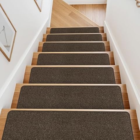 OJIA Non-Slip Stair Treads Indoor Stair Runner for Wooden Steps, 15PCS Peel & Stick Carpet Stair Treads for Wood Stairs, Machine Washable Stair Carpet Rugs for Kids Elders and Pets, 8"x30", Brown Cover