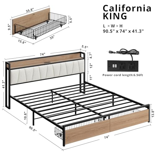 Image of LIKIMIO California King Size Bed Frame with 2 Drawers and Charging Station | Platform Bed with Upholstered Storage Headboard, No Box Spring Needed, Easy Assembly, Sturdy, Wood and Cream