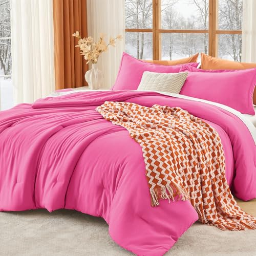 Image of MUXHOMO Oversized Queen Comforter Set, Lightweight Down Alternative Bed Set | All Season 3 Piece Bedding Set,Ultra Soft Down Alternative,Includes 1 Comforter 98x98 and 2 Pillow Shams 20x26,Hot Pink