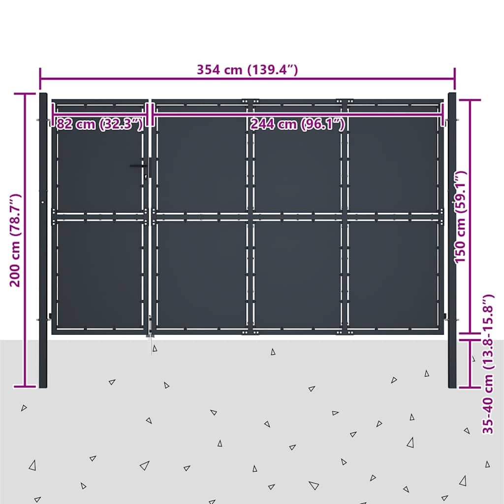 Brama ogrodowa ze stali antracytowej 350 x 150 cm, zamykana brama kratkowa z zamkiem, nowoczesna brama podwórza do ogrodu domowego i na podwórko, łącznie z uchwytem i trzpieniem uziemiającym, łatwy