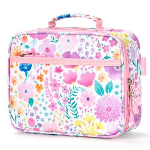 mibasies Kids Lunch Box for Girls Insulated and Reusable Lunch Bag for School Preschool Kindergarten Flower Pink