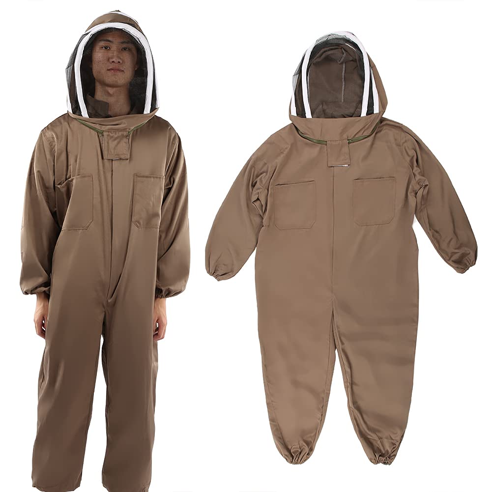 Tuta protettiva da apicoltura marrone chiaro – Grembiule traspirante monopezzo con velo HD e cerniera – Attrezzatura da apicoltura in morbido poliestere e cotone per hobbisti (XL)