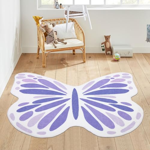 Image of Topotdor Cute Butterfly Kids Rugs for Girls Bedroom, Toddler Nursery Rug Soft Washable Kids Area Rug for Butterfly Living Room Playroom Decor, Purple 35 x 43 inch