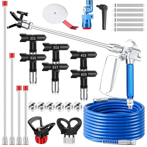 WOOLUCK® 22 Piezas Kit de Pistola Pintura, 3600PSI Pistola Airless con Manguera de 15m & 6 Boquilla & 4 Varilla de Extensión & 6 Filtros & Herramienta guía & Protector de Boquilla