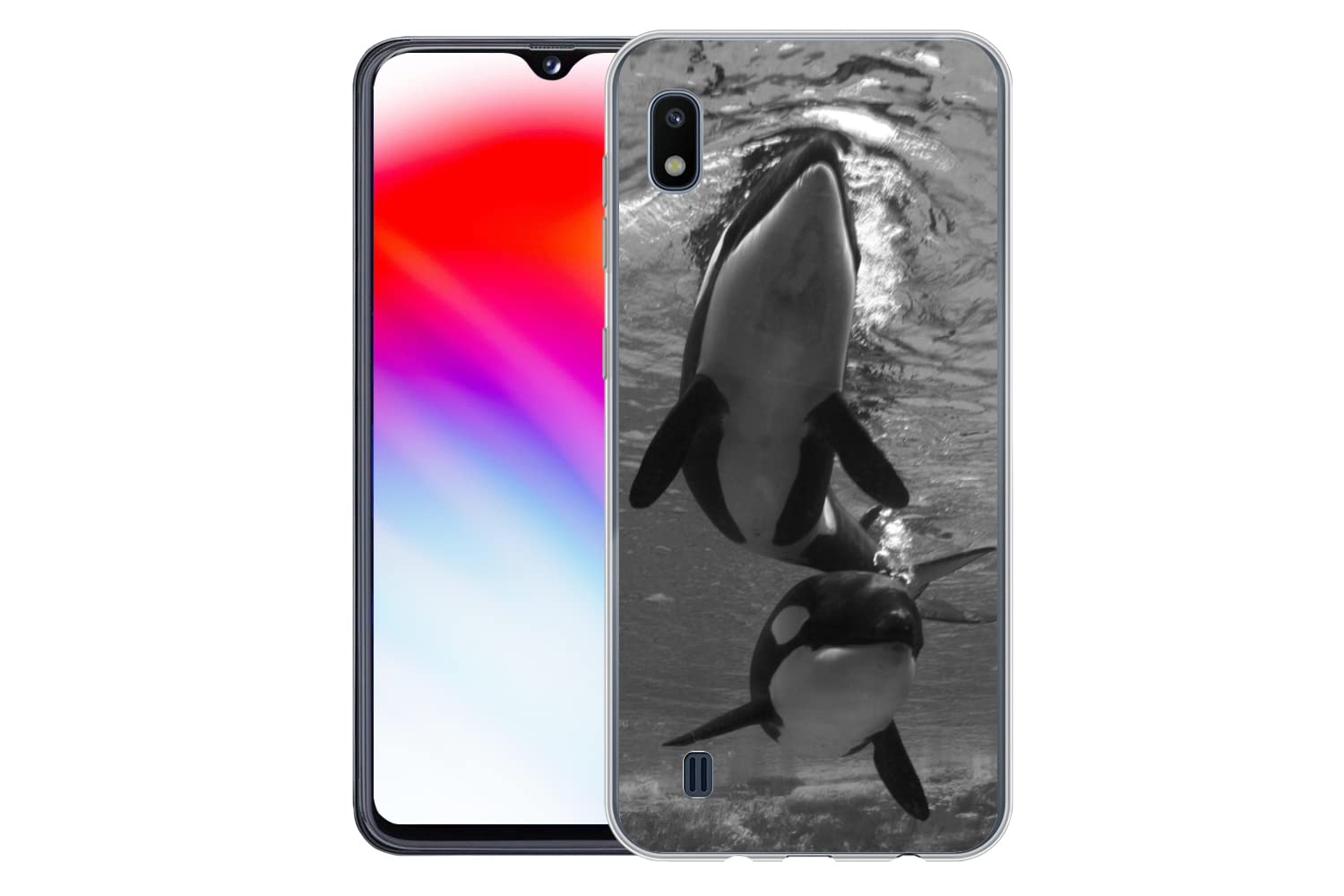 MuchoWow Funda para Samsung Galaxy A10 - Dos orcas bajo el Agua - Blanco y Negro - Funda de Silicona/Funda Blanda para teléfono móvil