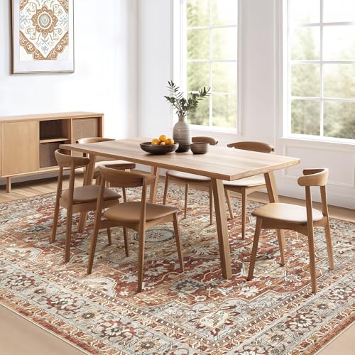 9x12 Area Rug Living Room: Machine Washable Boho Large Vintage Soft Rugs Stain Resistant Farmhouse Oriental Non Slip Indoor Floor Carpet for Bedroom Nursery Kids Playroom Office Dining Room- Red Brown