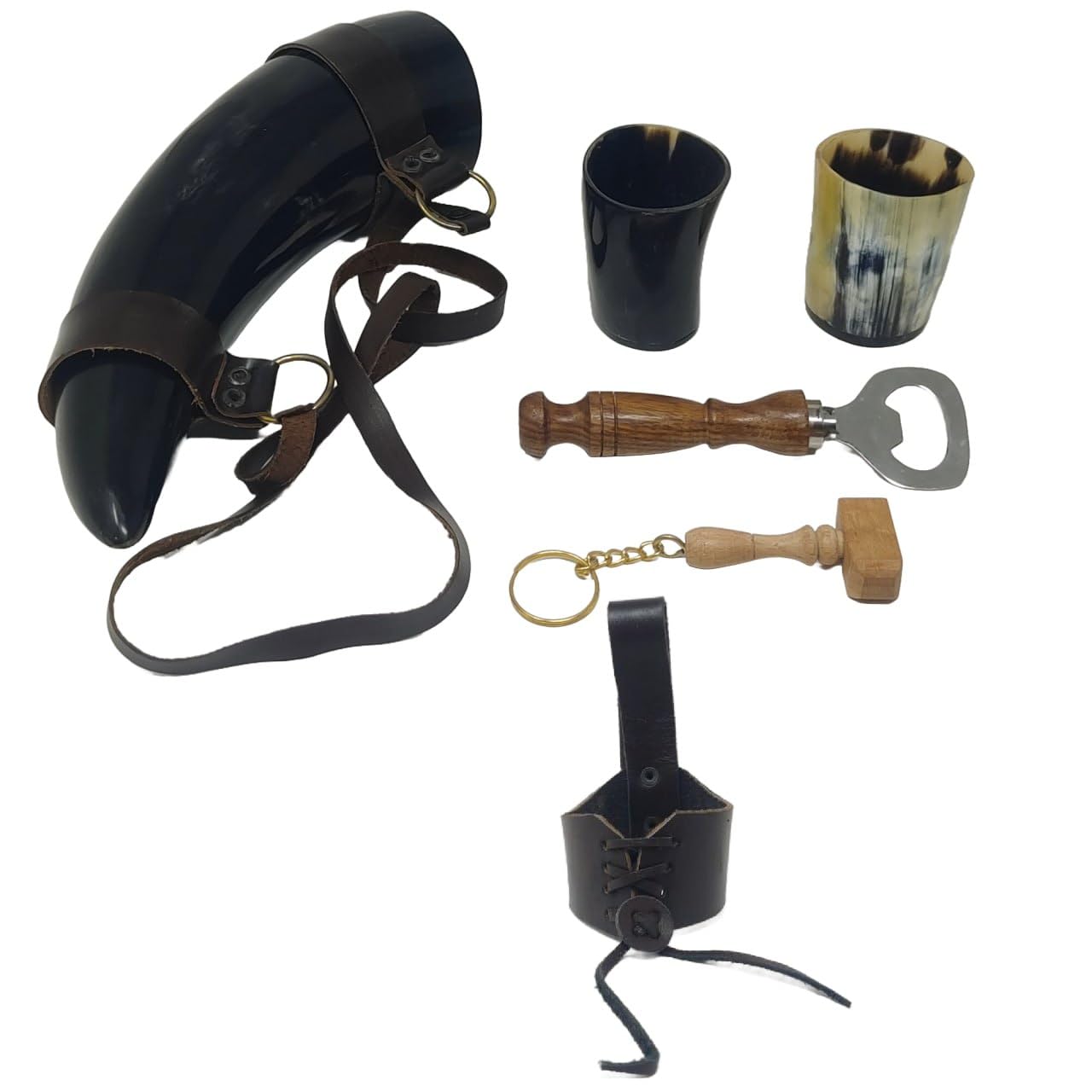 Chope viking en corne de bœuf naturelle avec set de verres à liqueur et décapsuleur