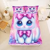 Homewish Juego de ropa de cama individual con diseño de gato con purpurina y lazo, color rosa, sábana bajera ajustable con lazo de gatito, lindo animal para niños y niñas, funda de cama de ensueño, 2