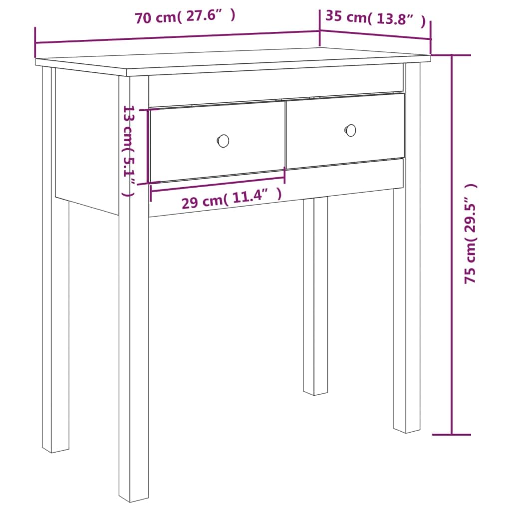 Tavolo consolle in legno di pino massiccio, 70 x 35 x 75 cm, con 2 cassetti, per soggiorno, camera da letto, corridoio e ufficio